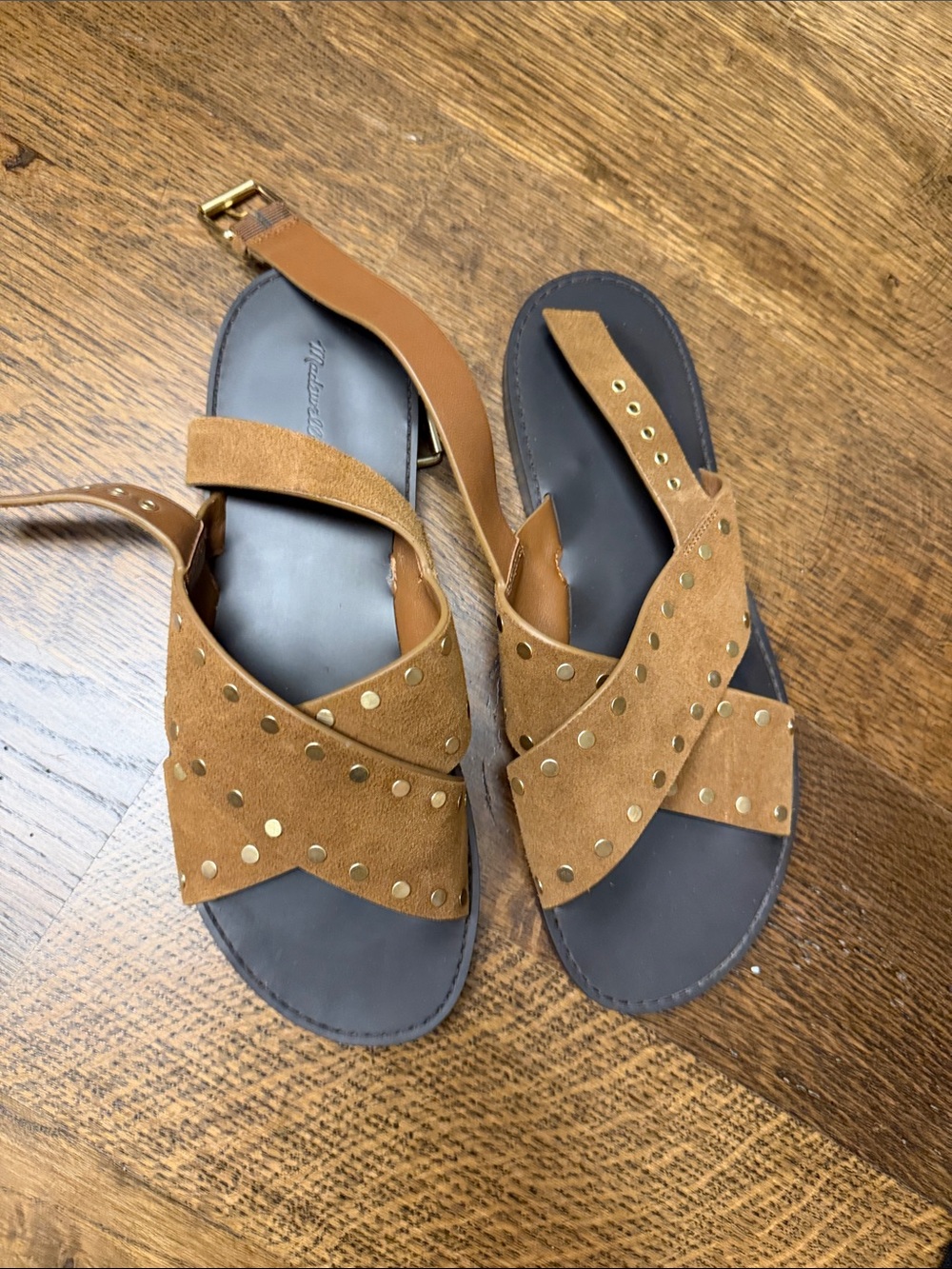 Women's Tan Suede Studded Crisscross Sandals
